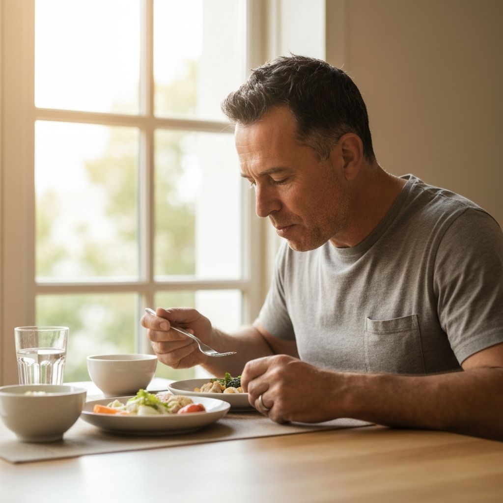 Person mindfully enjoying a meal in calm setting
